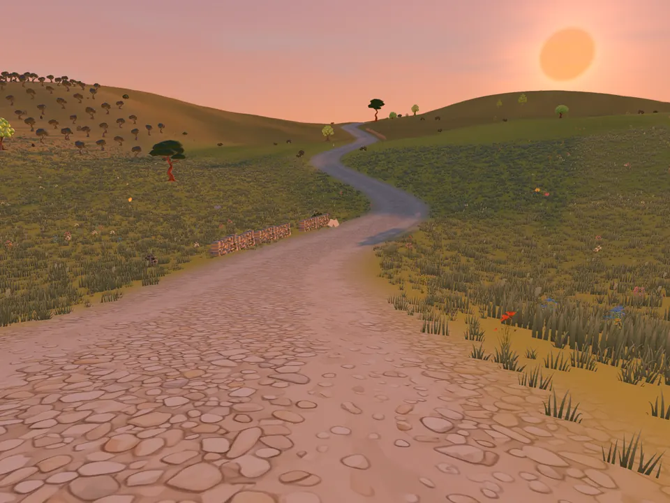 Une route de pierre qui serpente dans les collines vertes au soleil du soir