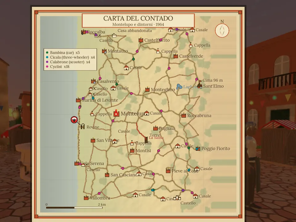 La carte du jeu : villages perchés, villages, fermes et la côte, avec une échelle de 2 km