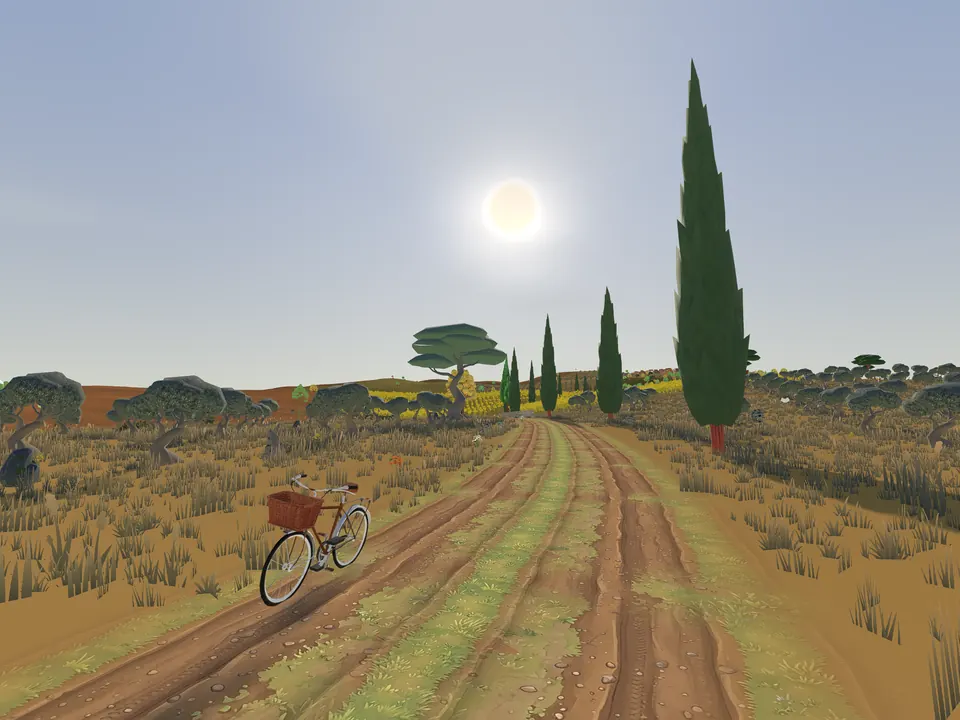 Un vélo avec un panier en osier garé sur un chemin agricole parmi les oliviers et les cyprès