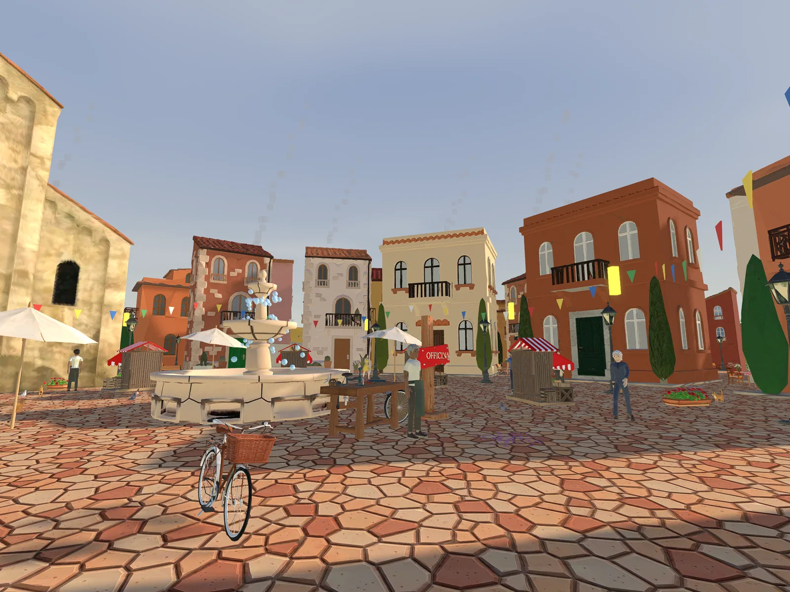 La piazza de Montelupo : une fontaine, des étals de marché, l’église et un vélo garé