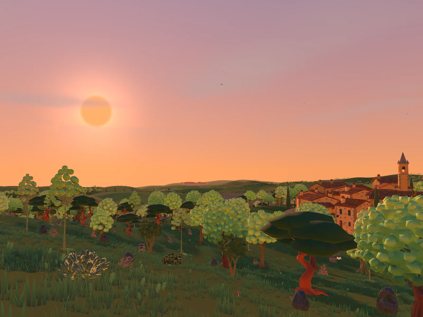 Soleil du soir sur un petit bois, un village et son clocher sur la colline