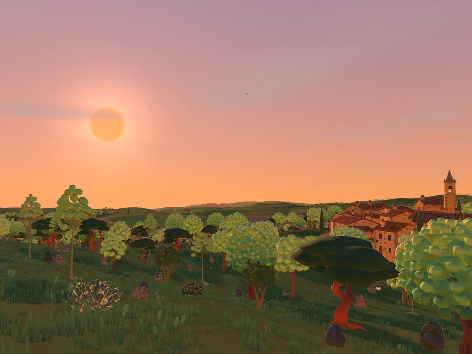 Soleil du soir sur un petit bois, un village et son clocher sur la colline